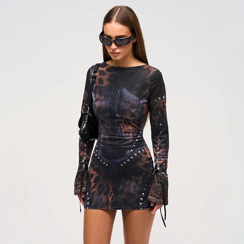 Autumn And Winter New Women'S Fashion Leopard Print Slim Flared Long-Sleeved Package Hip Short Skirt Dresses