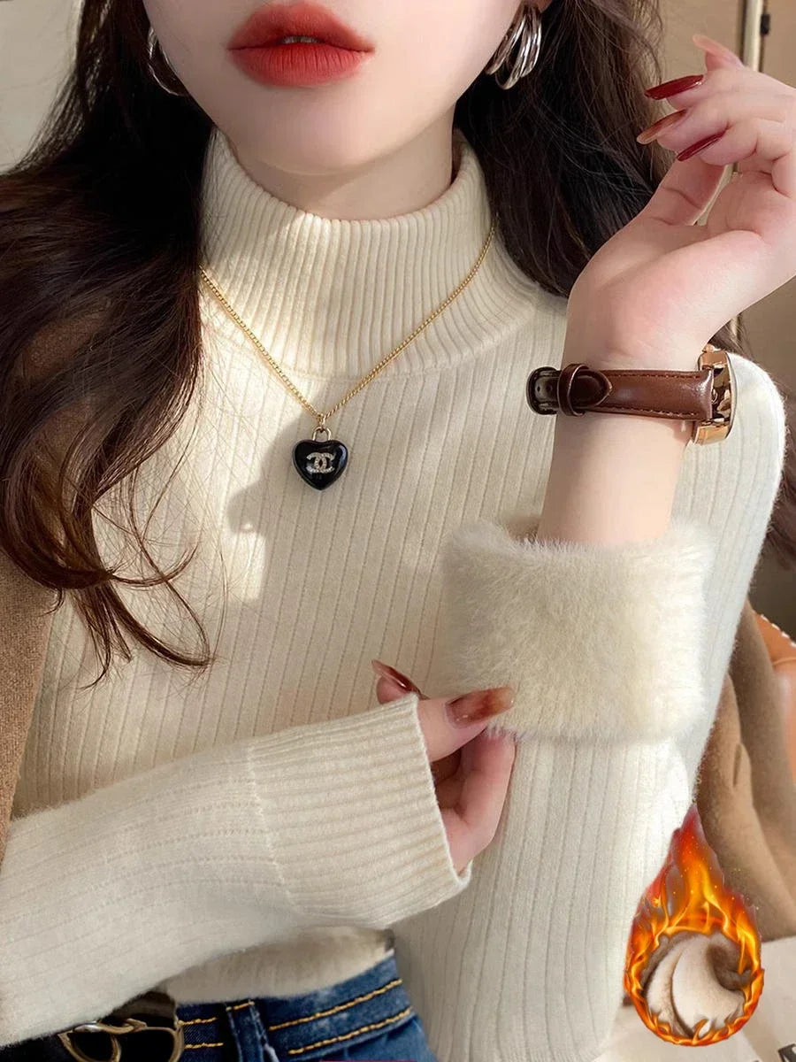 Sweater For Women Winter Turtleneck Slim Knit Pullover New Warm Plush Velvet Lined Knitwear