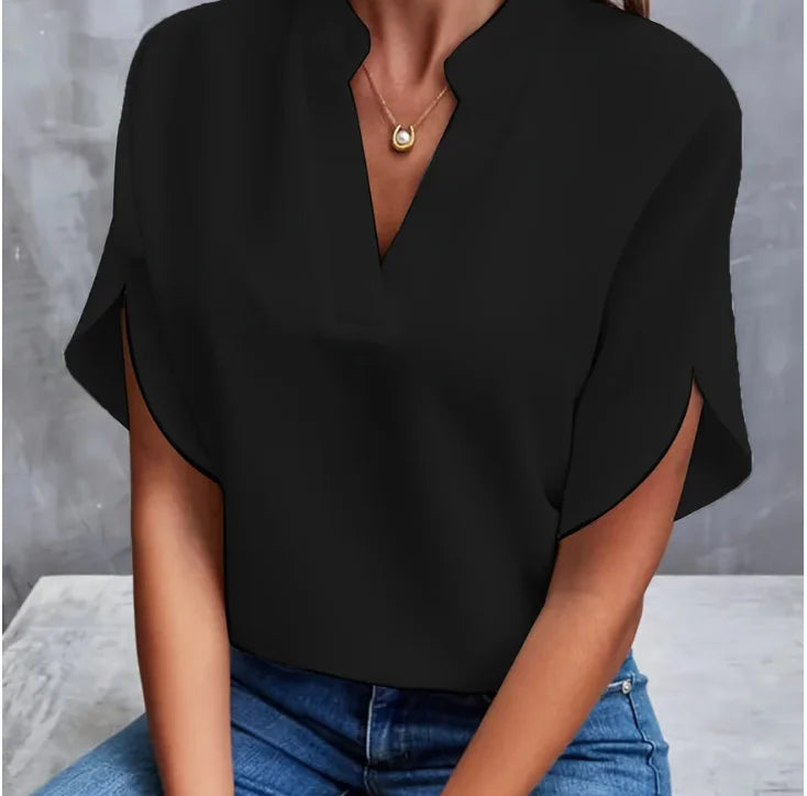Elegant Women's Blouse New V-neck Short Sleeve Solid Color Loose Shirt Casual  Office
