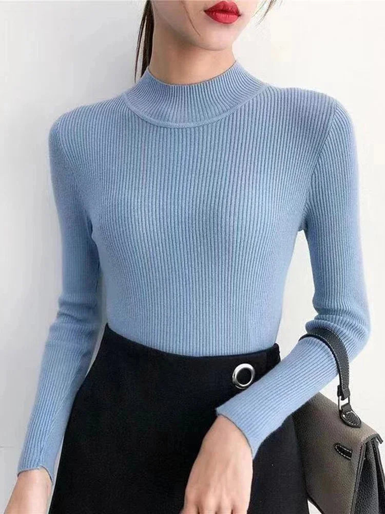 Autumn Winter Mock Neck Women Sweater Vintage Basic Solid Knitted Tops Casual Slim Pullover Sweaters