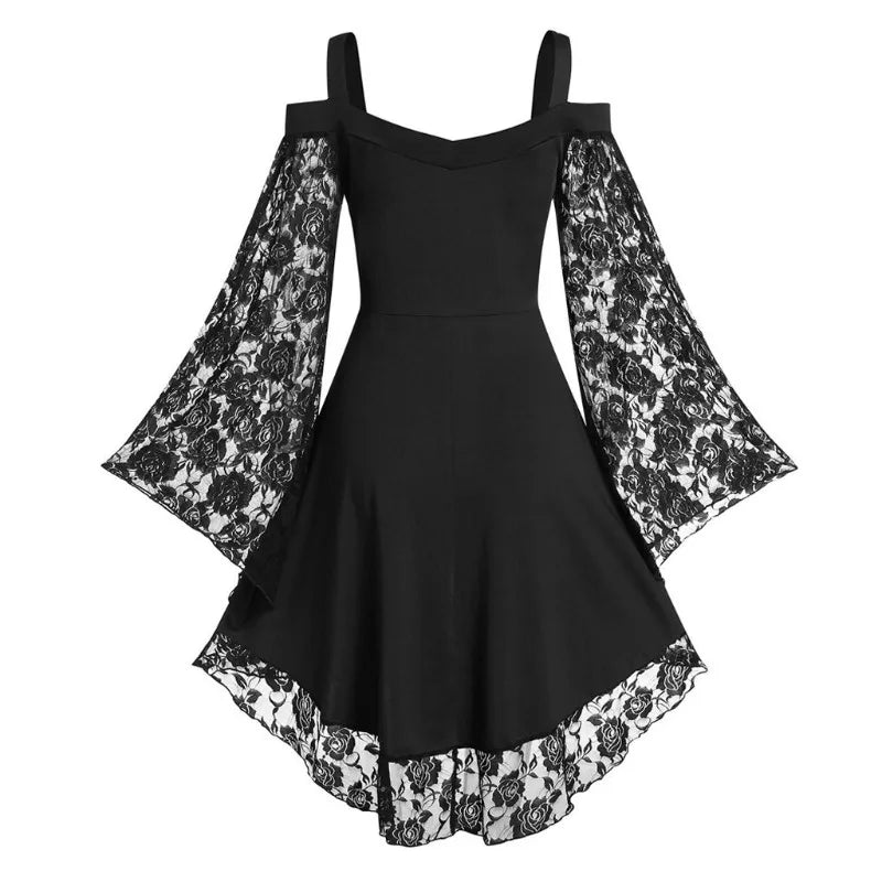 Women's Off Shoulder Dress - Flared Sleeve Lace Trim Vintage Boho Chic Dress for Casual Outings