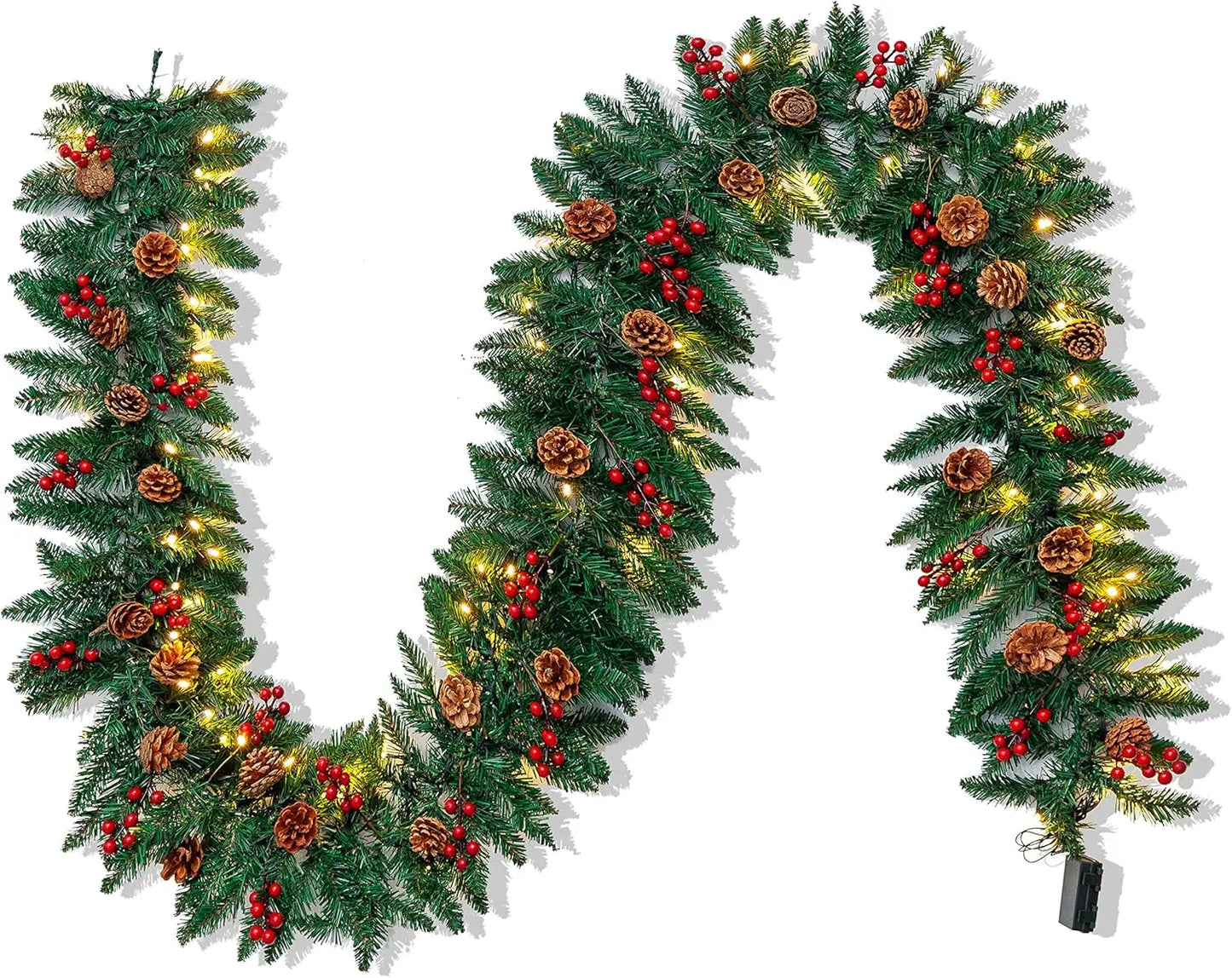 JOYFY 9Ft Artificial Christmas Garland Prelit with LED Lights 27 Pine Cones 27 Red Berries for Home Office Christmas Decorations