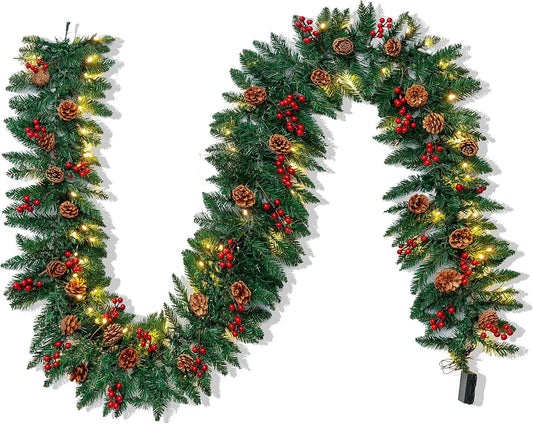 JOYFY 9Ft Artificial Christmas Garland Prelit with LED Lights 27 Pine Cones 27 Red Berries for Home Office Christmas Decorations