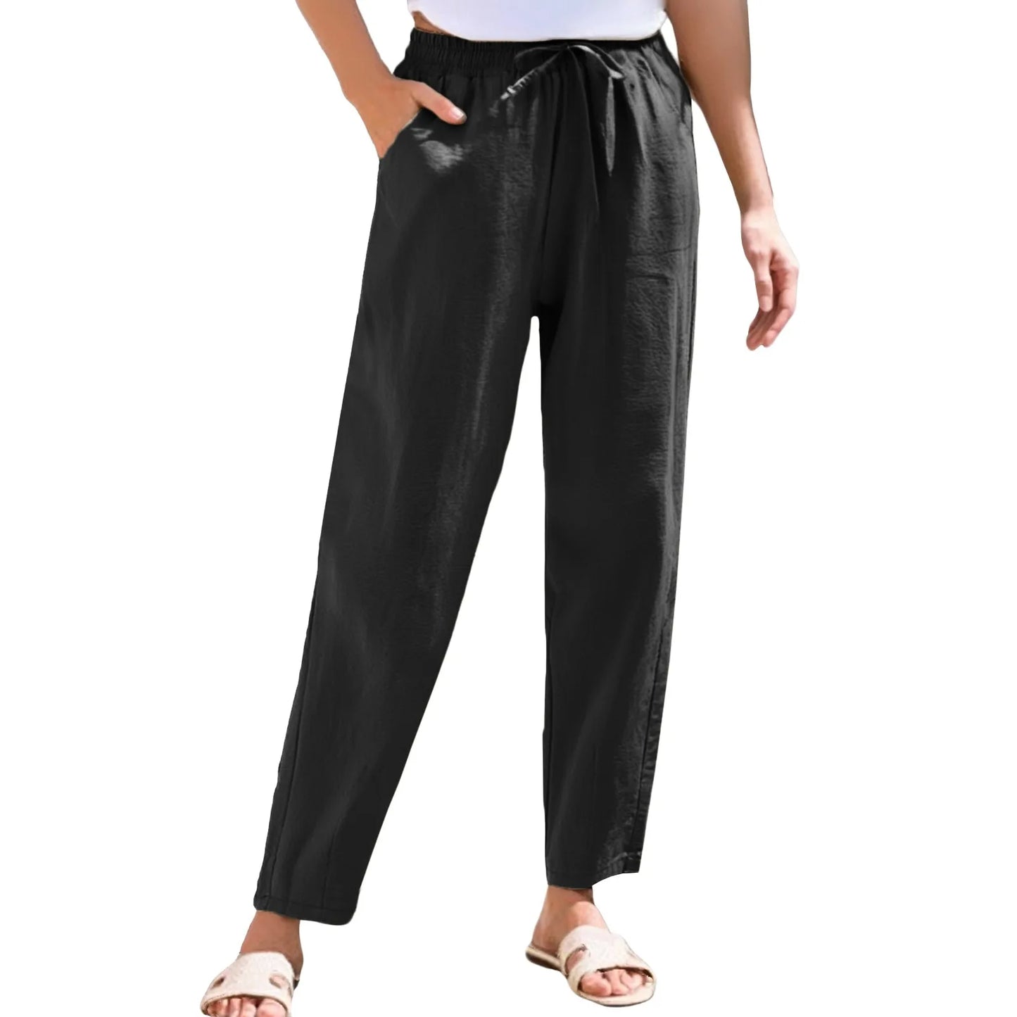 Women Cropped Pants Cotton Linen Baggy Trousers