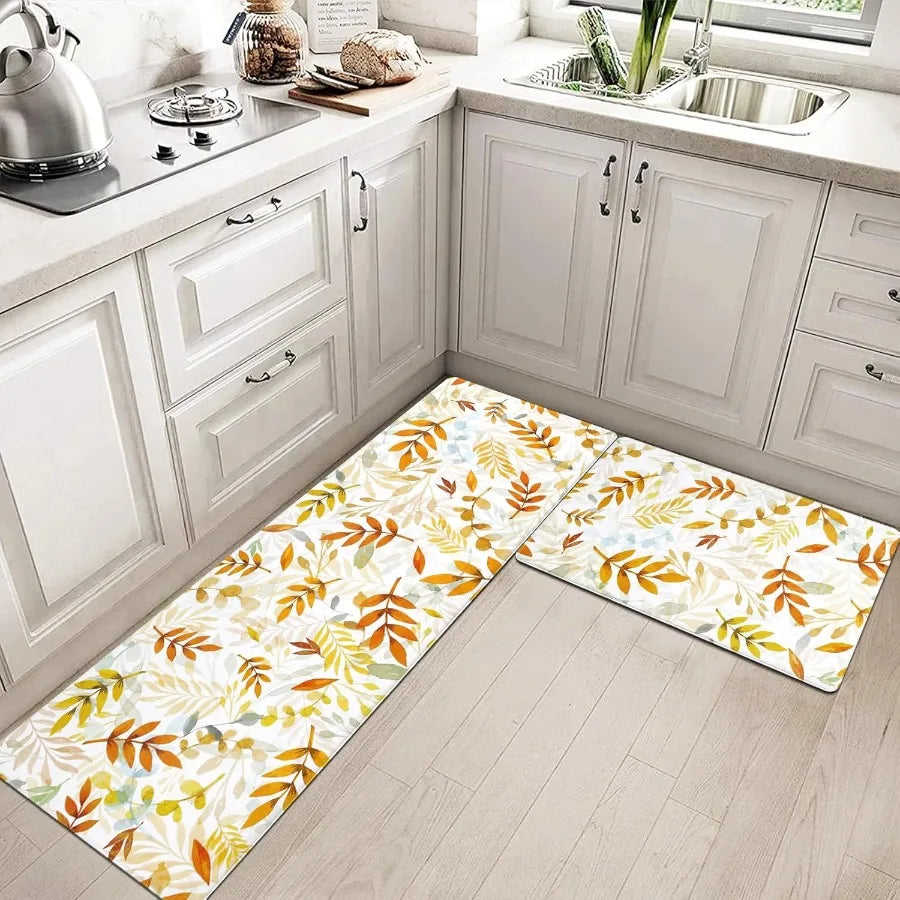 Fall Anti Fatigue Kitchen Mat 2 Pcs Autumn Yellow Orange Leaves Maple Leaf Non Slip Cushioned Kitchen Floor Mats Ergonomic