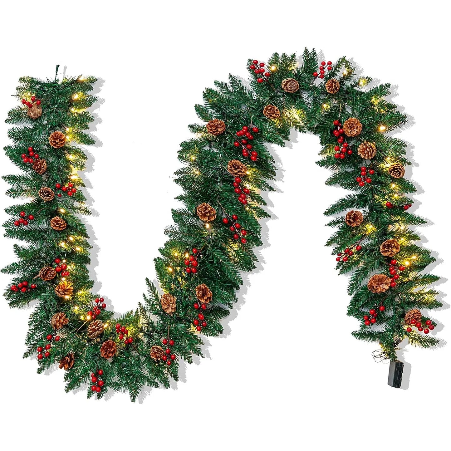 JOYFY 9Ft Artificial Christmas Garland Prelit with LED Lights 27 Pine Cones 27 Red Berries for Home Office Christmas Decorations