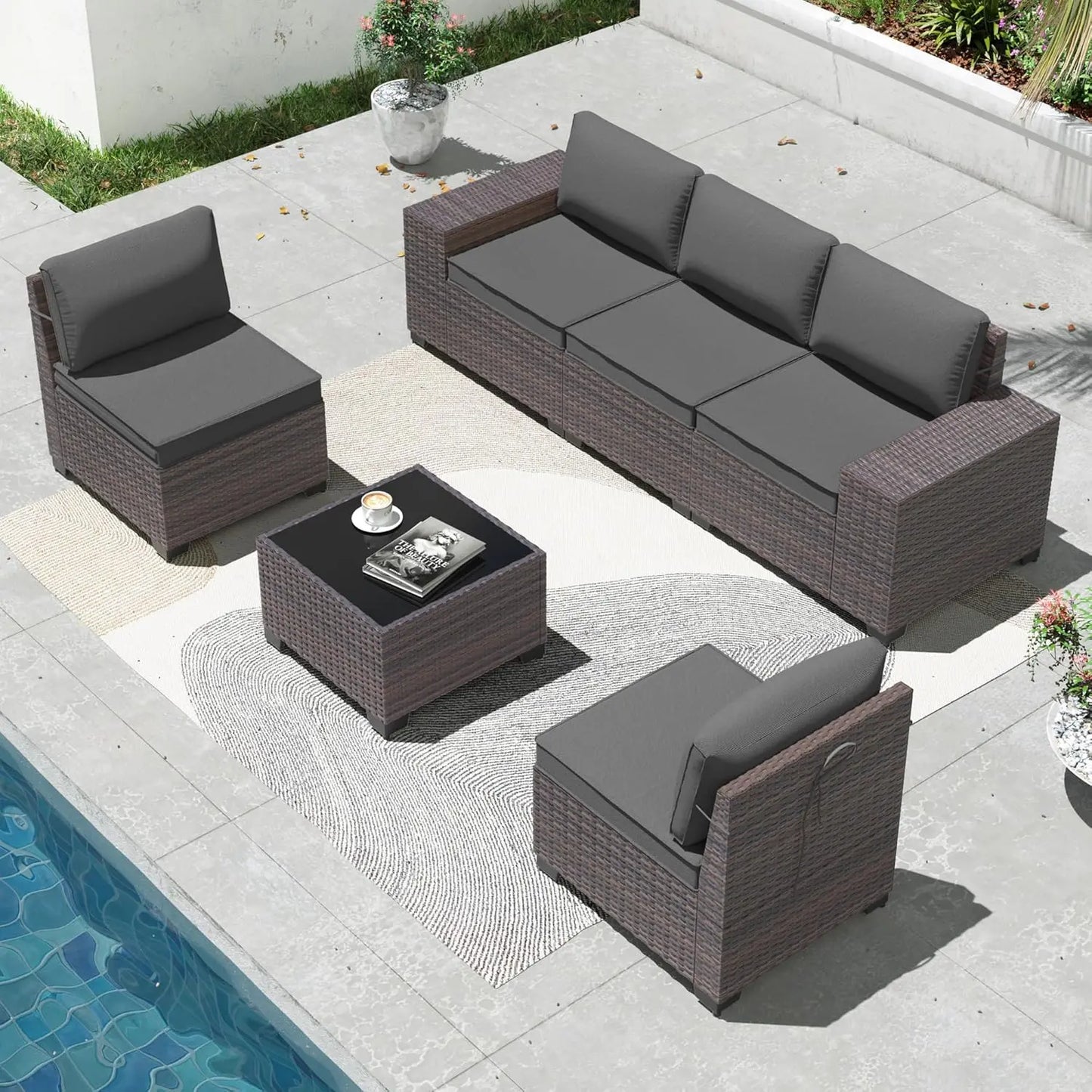 6 Pieces Patio Furniture Sets with Glass Tea Table,PE Rattan Wicker Patio Conversation Set with Washable, Customized