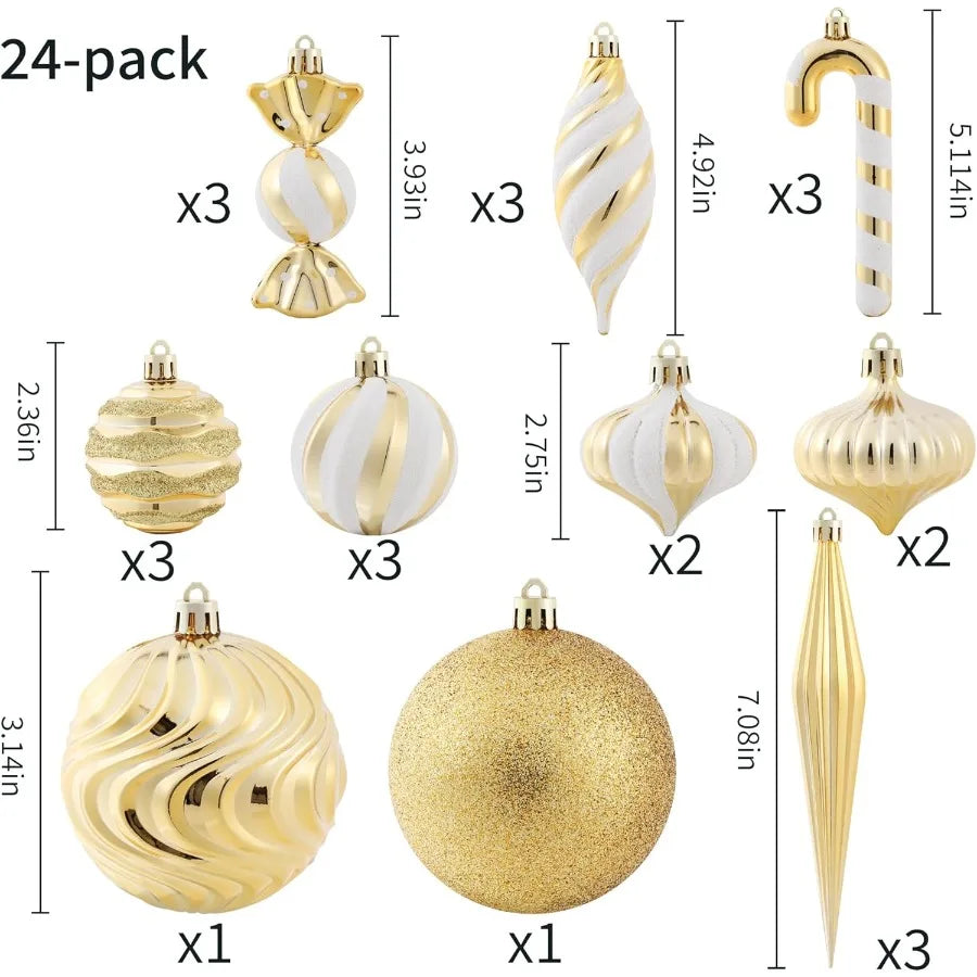24 PCS Shatterproof Christmas Ball Ornaments Set with Painted Shaped Styles for Holiday Decor Gold Christmas Tree