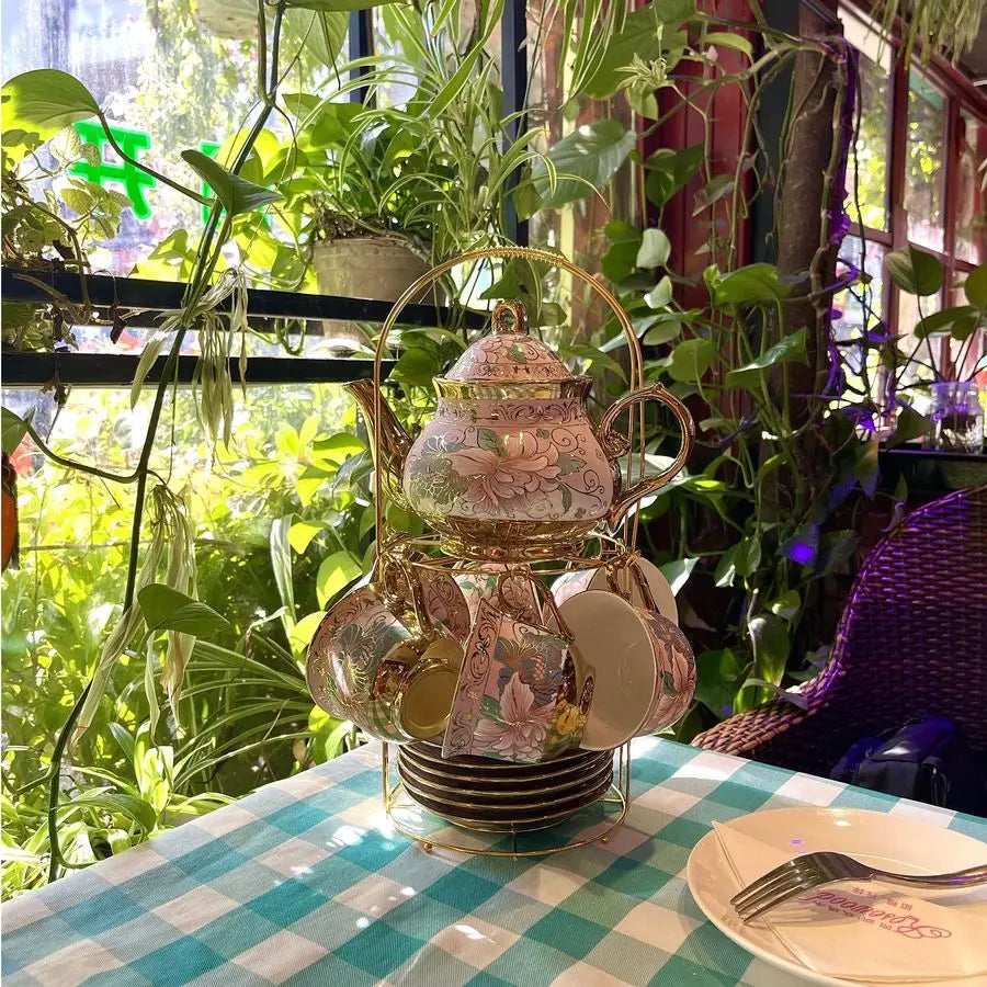 Pieces Porcelain Tea Set With Metal Holder, European Ceramic tea set for adults,Flower Tea Set,Tea Set With Flower Pai