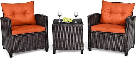 3 Pieces Patio Furniture Set Outdoor Furniture Rattan Wicker Chairs and Table Set, Washable Cushions Tempered Glass Coffee Table