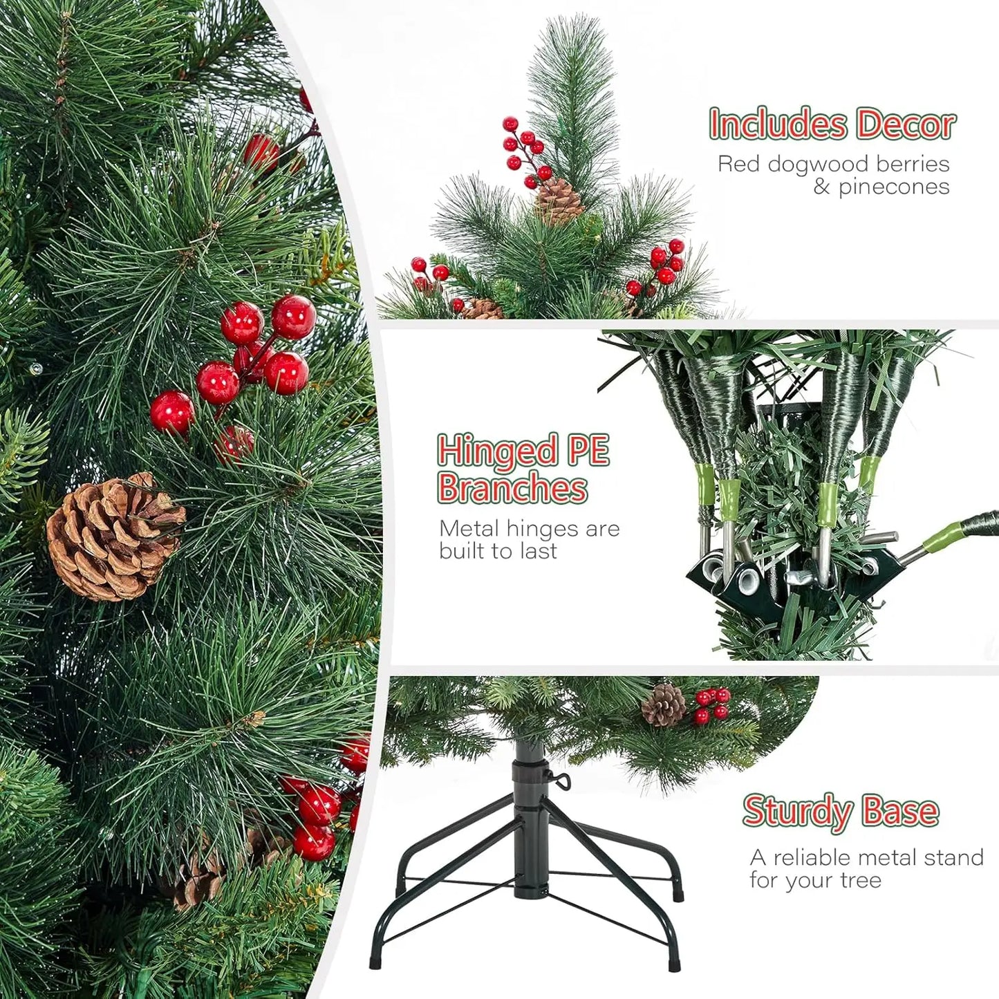 6FT Prelit Artificial Christmas Tree Fluffy Fraser Fir with Pine Cones Berries 350 Warm White Lights on Hinged 800 Branches Tips