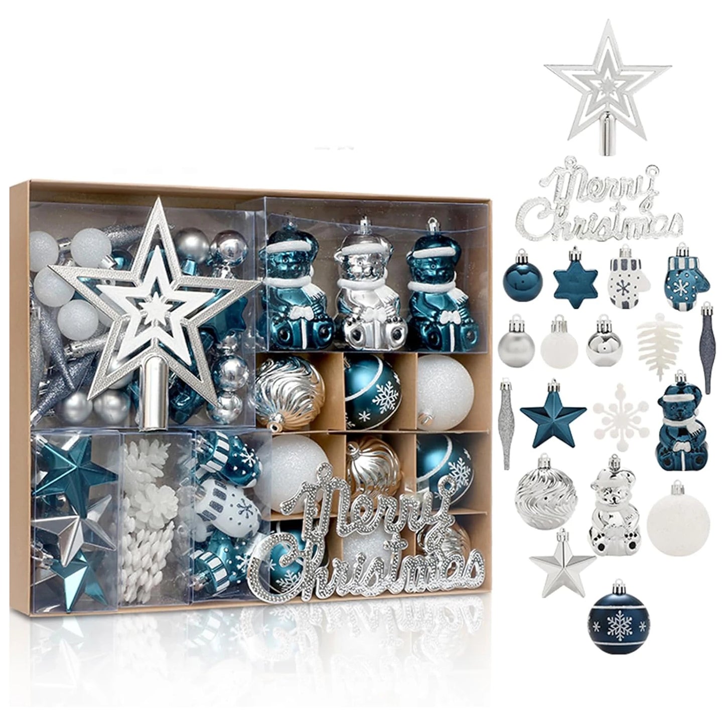 70Ct Christmas Ball Ornaments Set, 68 Pcs Shatterproof Tree Hanging Ornaments&Merry Christmas Sign&Top Tree Toppers, Xmas Decor
