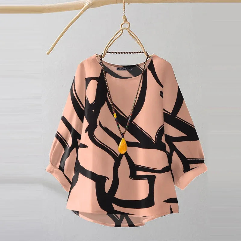 Vintage Line Printed Blouse Fashion 3/4 Sleeve Tunics Holiday Autumn Tops Casual Women Office Lady