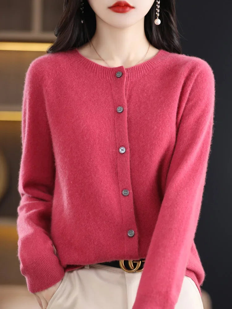 Long Sleeve 100% Merino Wool Sweaters Cashmere Cardigan Spring Autumn Women O-Neck Knitwear