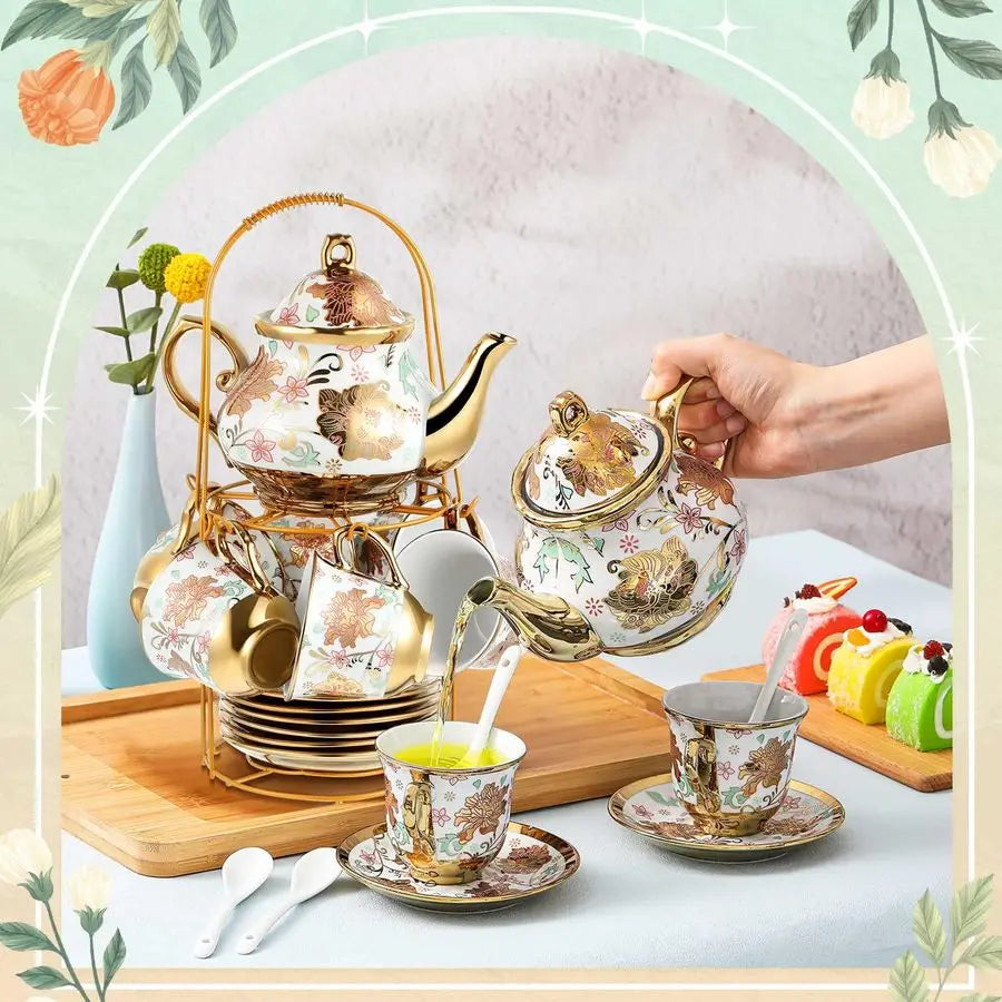 20 Pcs Porcelain Tea Set with Metal Holder and Spoon Adult Ceramic Tea Set European Flower Painting Teapot Cup Saucer