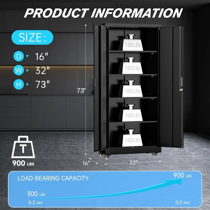 73" Metal Storage Cabinet with Wheels, Garage Storage Cabinet with 4 Adjustable Shelves & Lockable Doors for Garage Home