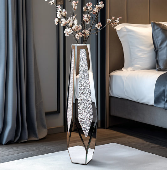Tall Floor Mirror Vase, Large Crushed Diamond Glass Vase for Home Decor Modern Crystal Centerpiece