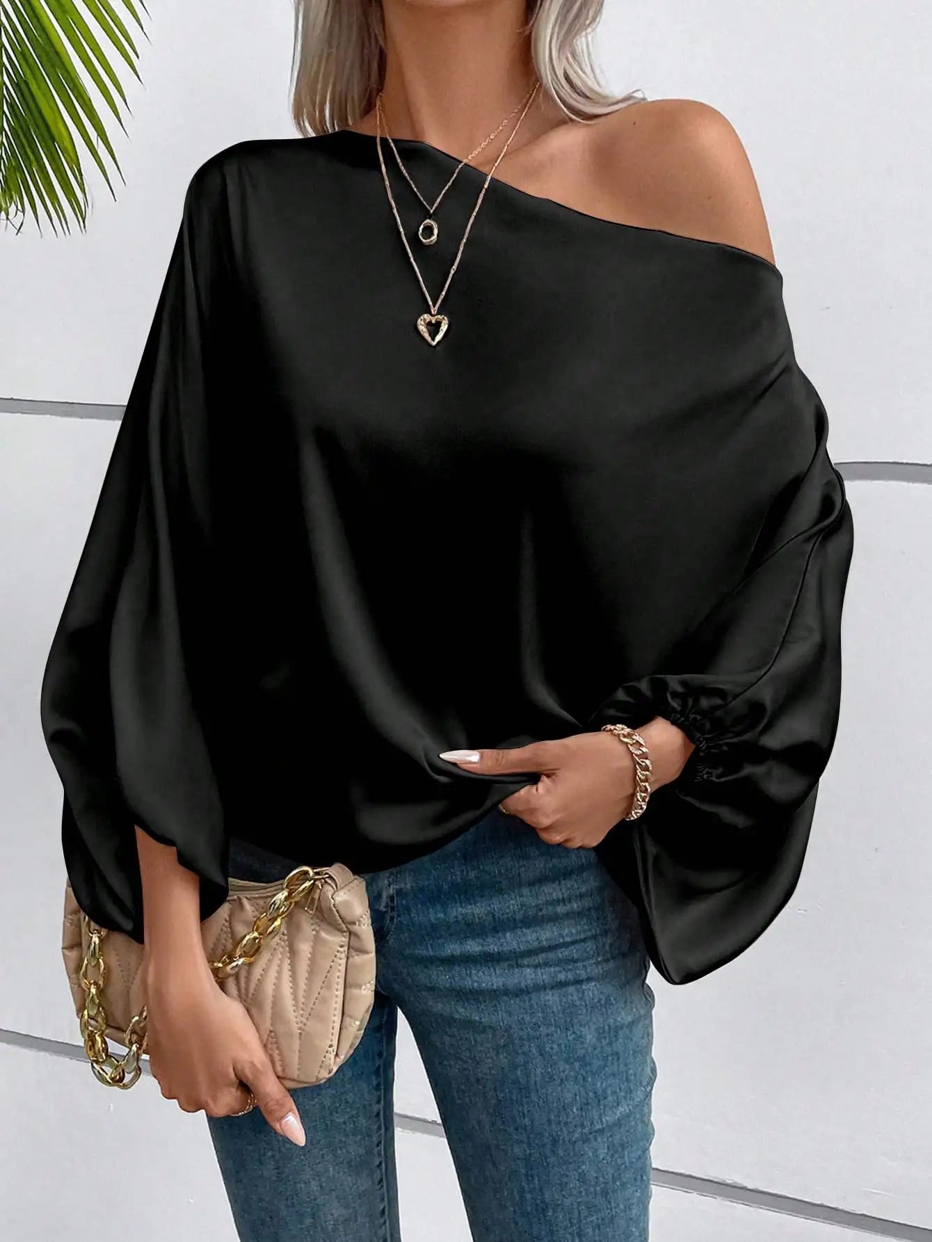 Red Asymmetric One Shoulder Blouse with Lantern Sleeves for Women Casual Wear