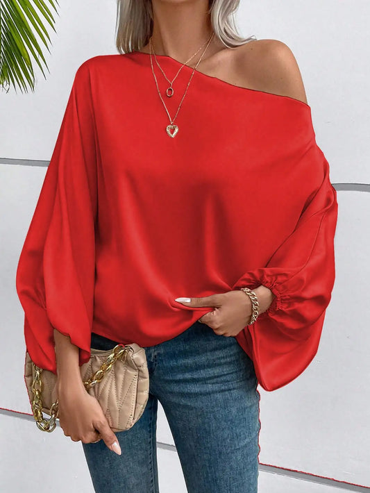 Red Asymmetric One Shoulder Blouse with Lantern Sleeves for Women Casual Wear