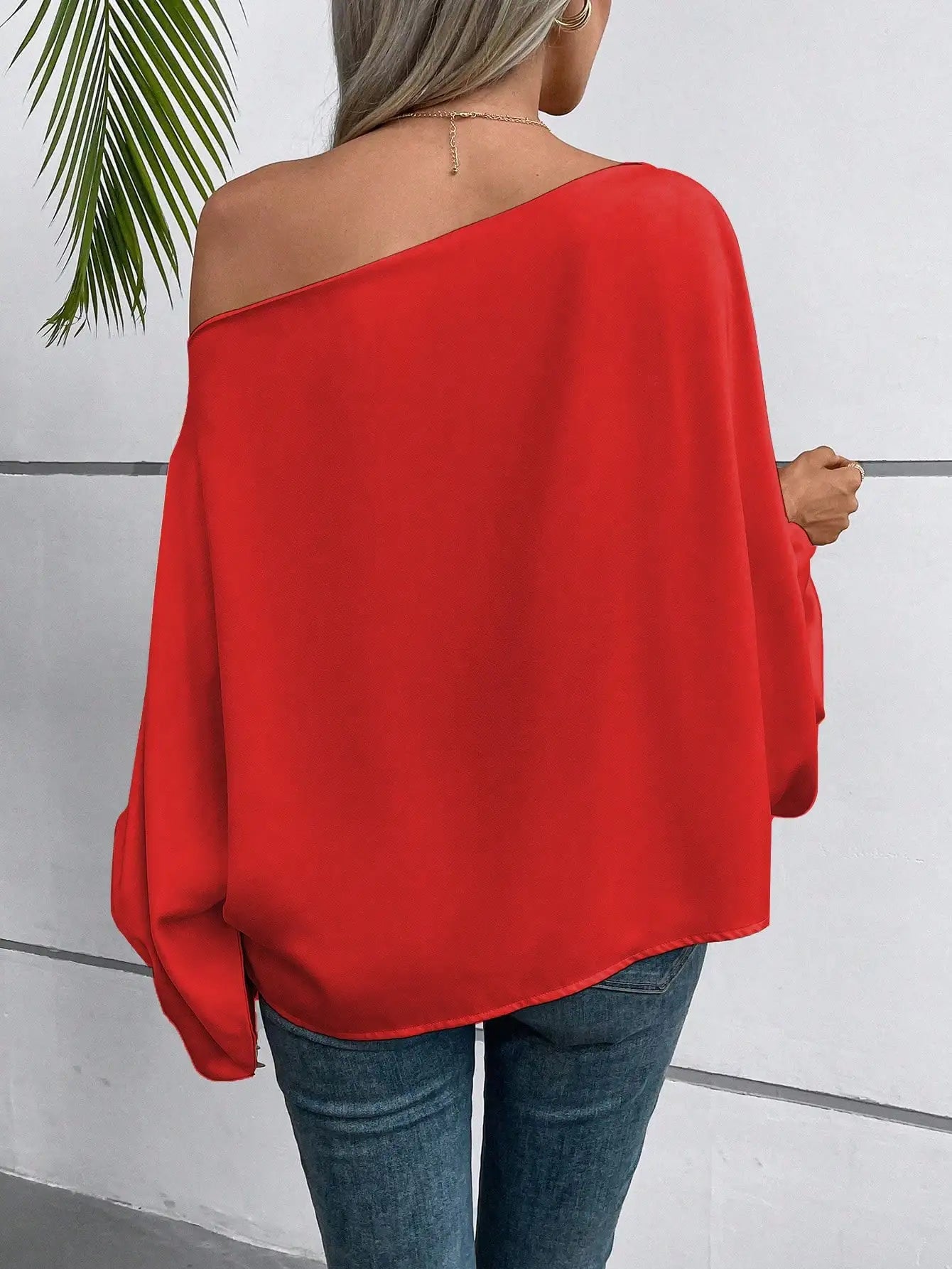 Red Asymmetric One Shoulder Blouse with Lantern Sleeves for Women Casual Wear