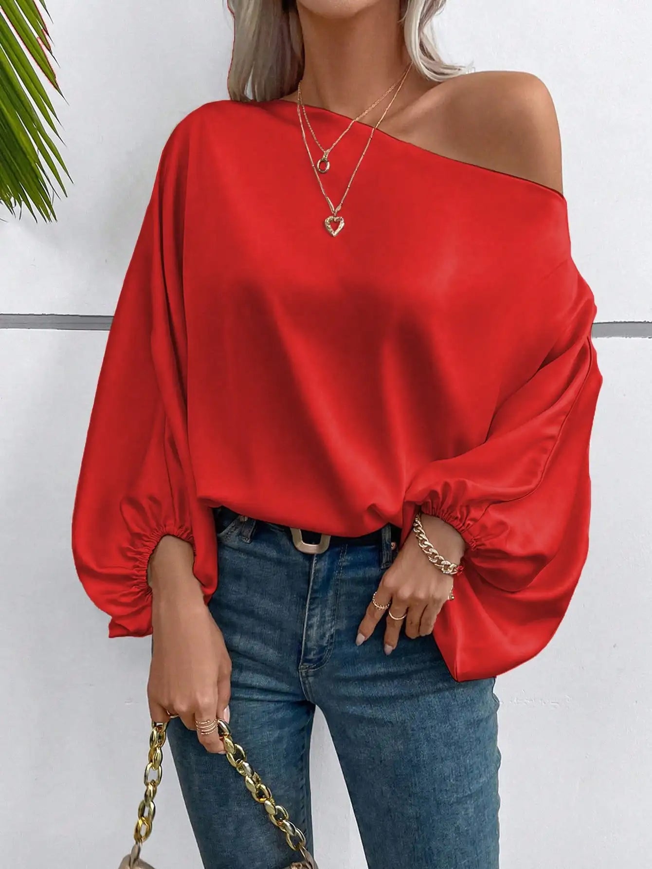 Red Asymmetric One Shoulder Blouse with Lantern Sleeves for Women Casual Wear