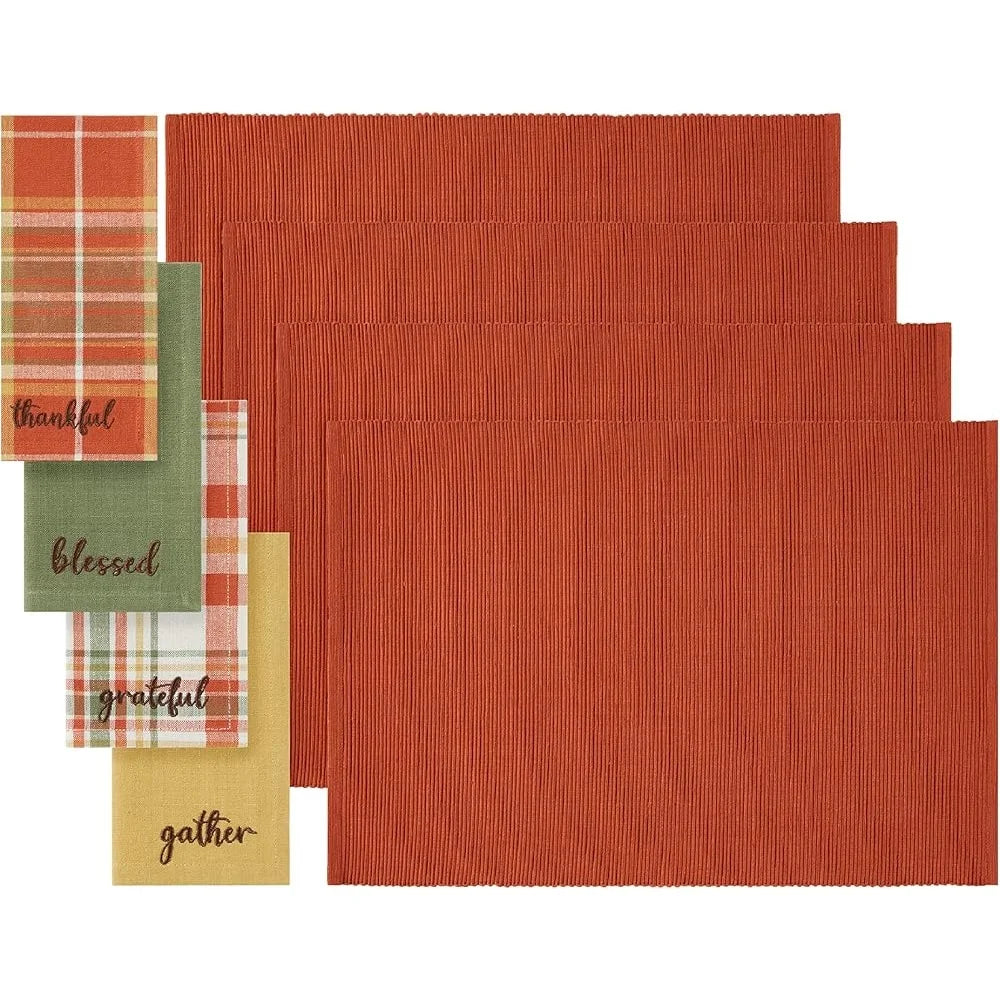 Autumn Cotton Napkin and Placemats Set 8 Pieces Thanksgiving Table Decor Ribbed Textured Cloth Easy Care