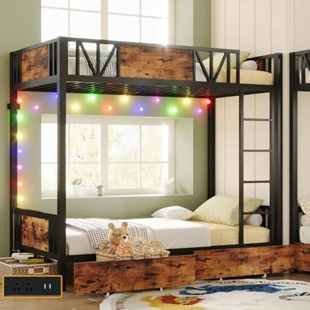 Bunk Bed  with Power Outlet and Drawers,