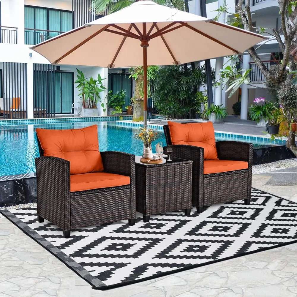 3 Pieces Patio Furniture Set Outdoor Furniture Rattan Wicker Chairs and Table Set, Washable Cushions Tempered Glass Coffee Table