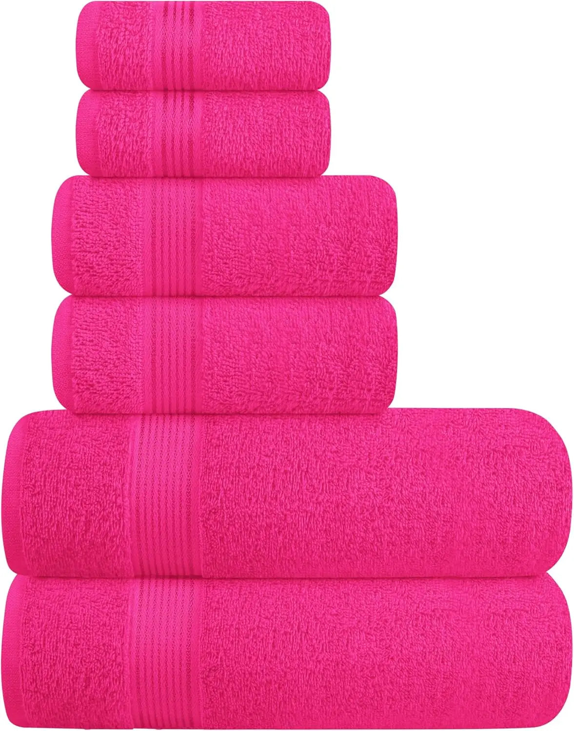 Ultra Soft 6-Pack Cotton Towel Set: 2 Bath, 2 Hand, 2 Wash Cloths - Hot Pink
