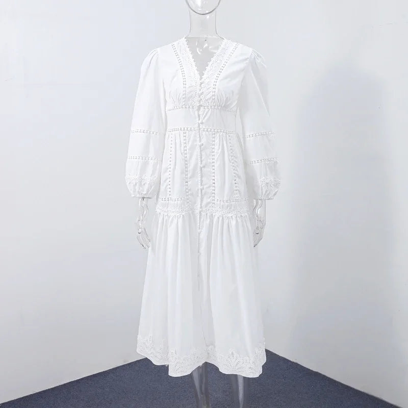 Lace Long Dresses Women Hollow Out V-neck Full Puff Sleeves Loose A line Dress Female Autumn Fashion Holiday Beachwears New