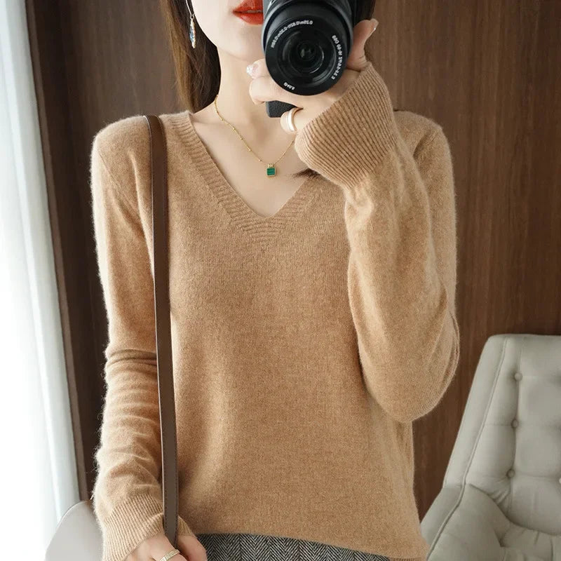 Women's Sweater 2025 Autumn Winter Knitted Pullovers V-neck Slim Fit Bottoming Shirt Solid Soft Knitwear