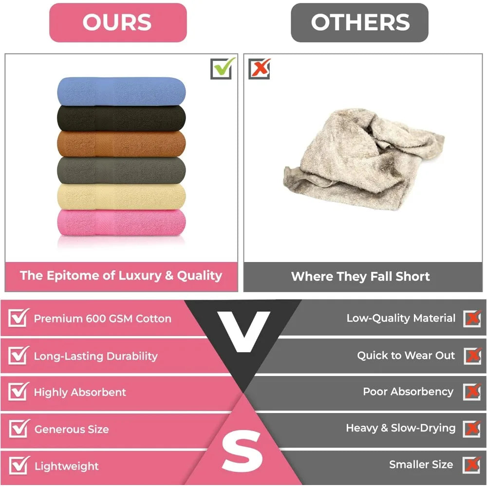 100% Cotton Bath Towels - 27x54 inches - 6-Pack Shower Towels - Lightweight and Super Absorbent Bathroom Towels