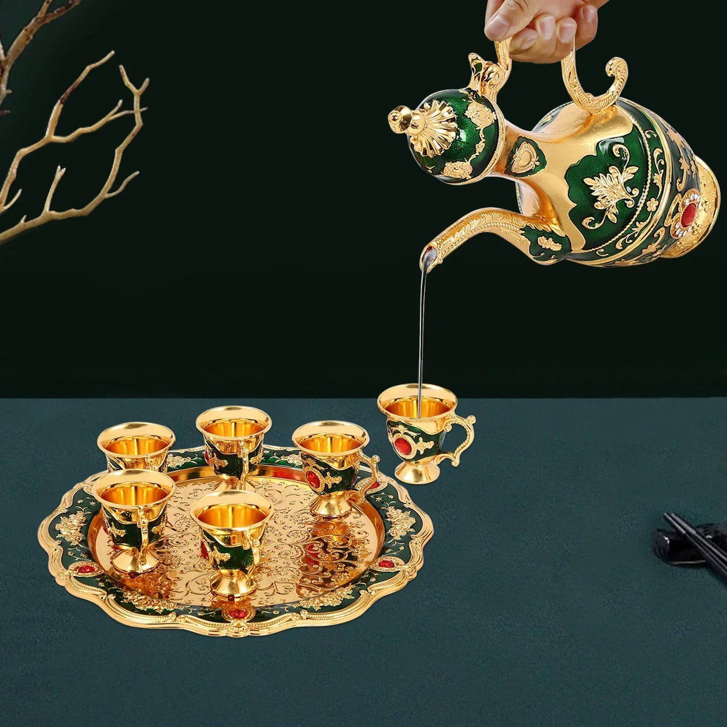 Golden Green Tea Set (one Po+Six Cups+One tray), Multi-functional Retro Türkiye Drinking Set-No Assembly Required, Easy To Clean