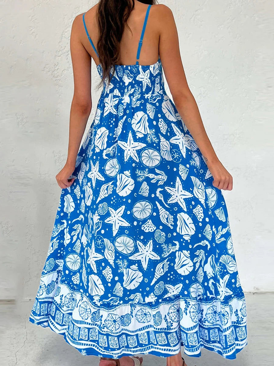Elegant Floral Print Sleeveless Maxi Dress with Adjustable Spaghetti Straps