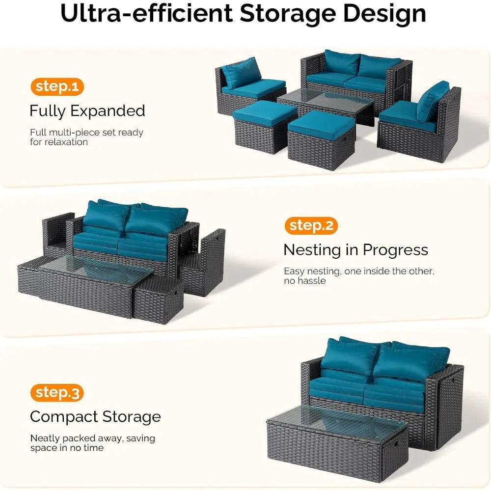 6 Pieces Wicker Patio Furniture Set, Outdoor Sectional Furniture Patio Conversation Set Space-Saving Design with Ottomans