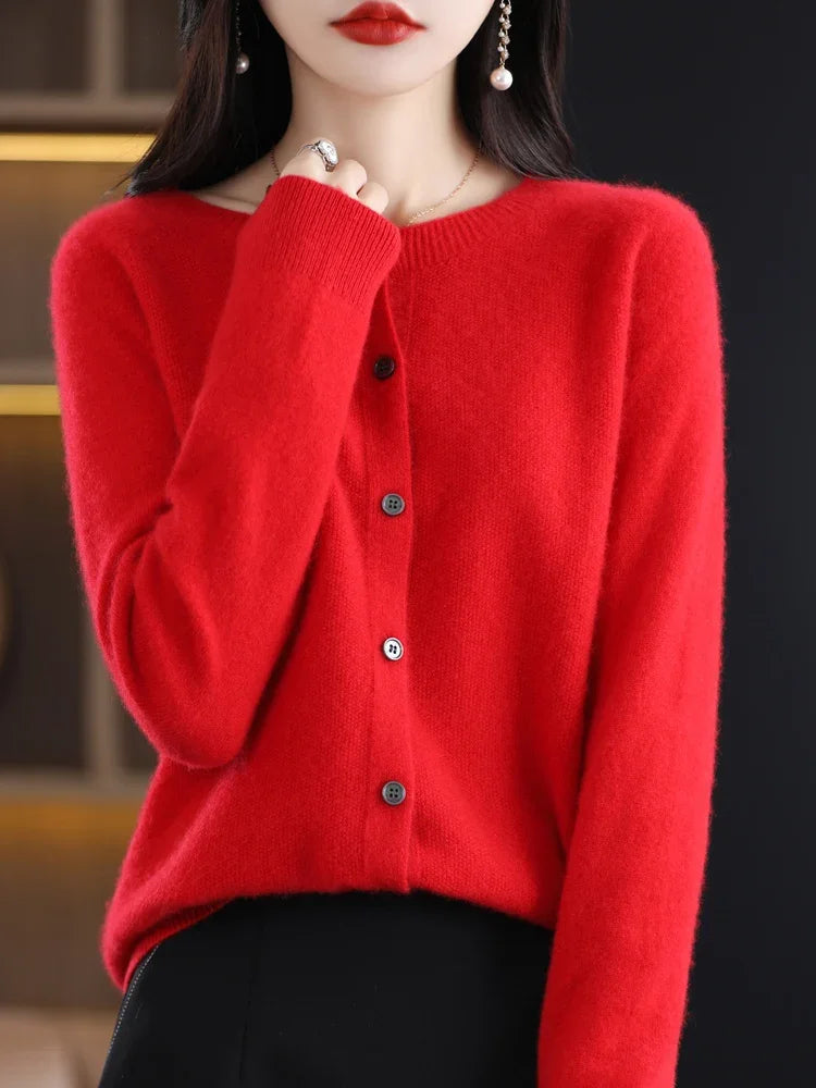 Long Sleeve 100% Merino Wool Sweaters Cashmere Cardigan Spring Autumn Women O-Neck Knitwear