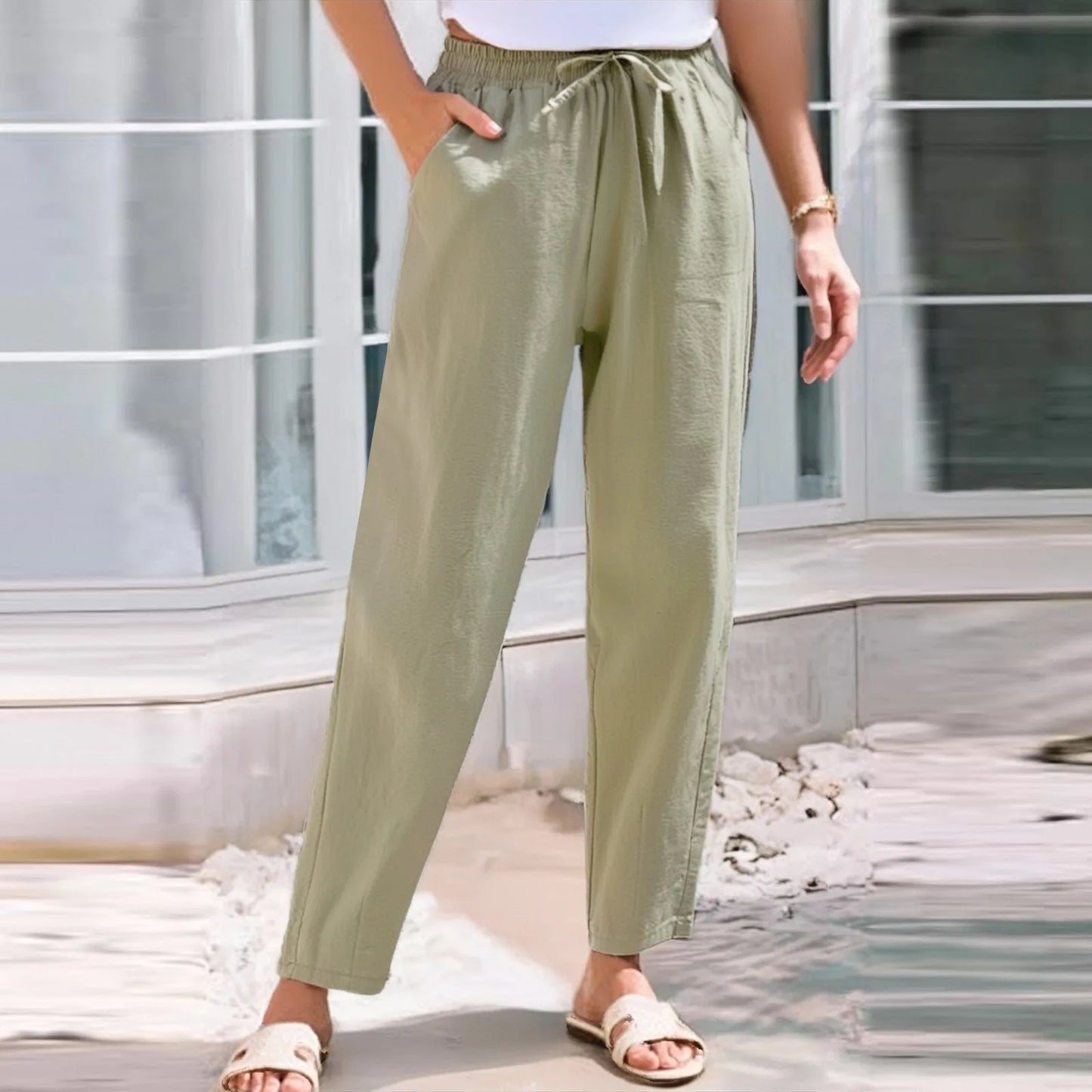 Women Cropped Pants Cotton Linen Baggy Trousers