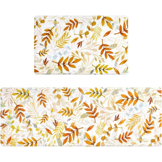 Fall Anti Fatigue Kitchen Mat 2 Pcs Autumn Yellow Orange Leaves Maple Leaf Non Slip Cushioned Kitchen Floor Mats Ergonomic