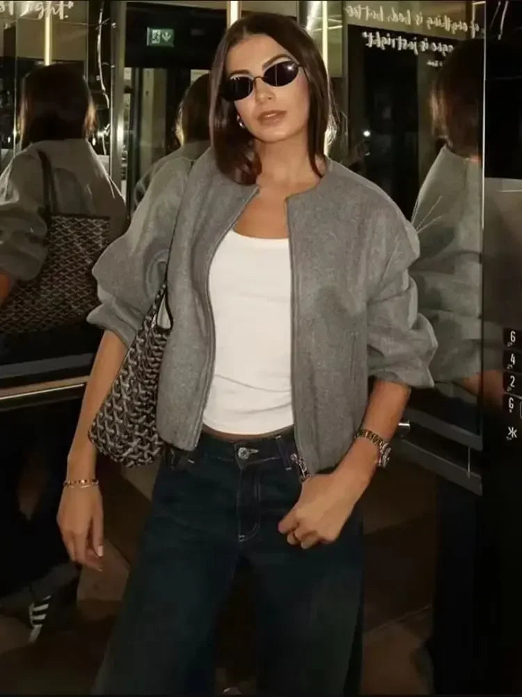 Ladies Fashion Autumn Winter Jacket Women Retro Round Neck Long Sleeve Elastic Hem Zipper Soft Bomber Jacket Women Coat Female