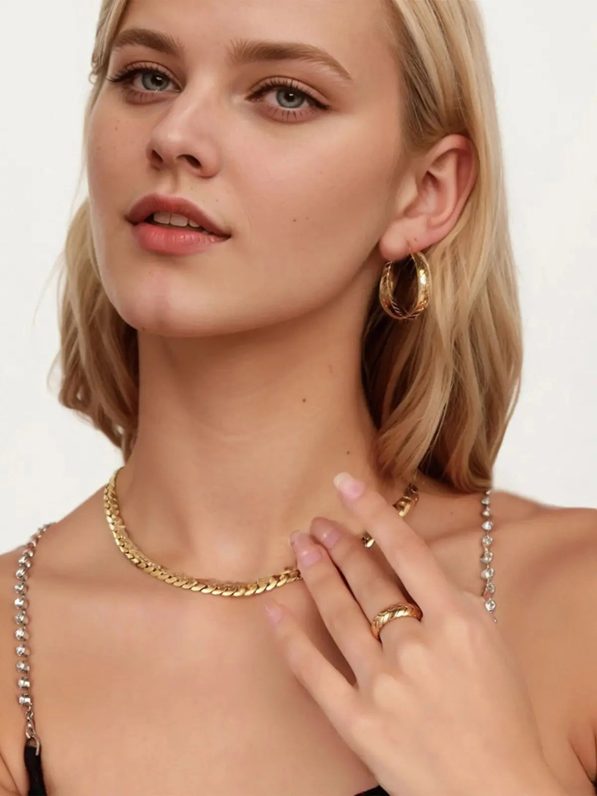 925 Sterling Silver - Gold plated - Serpentine Jewellery Set of 4 (Ring, Necklace, Earrings, Bracelet) -