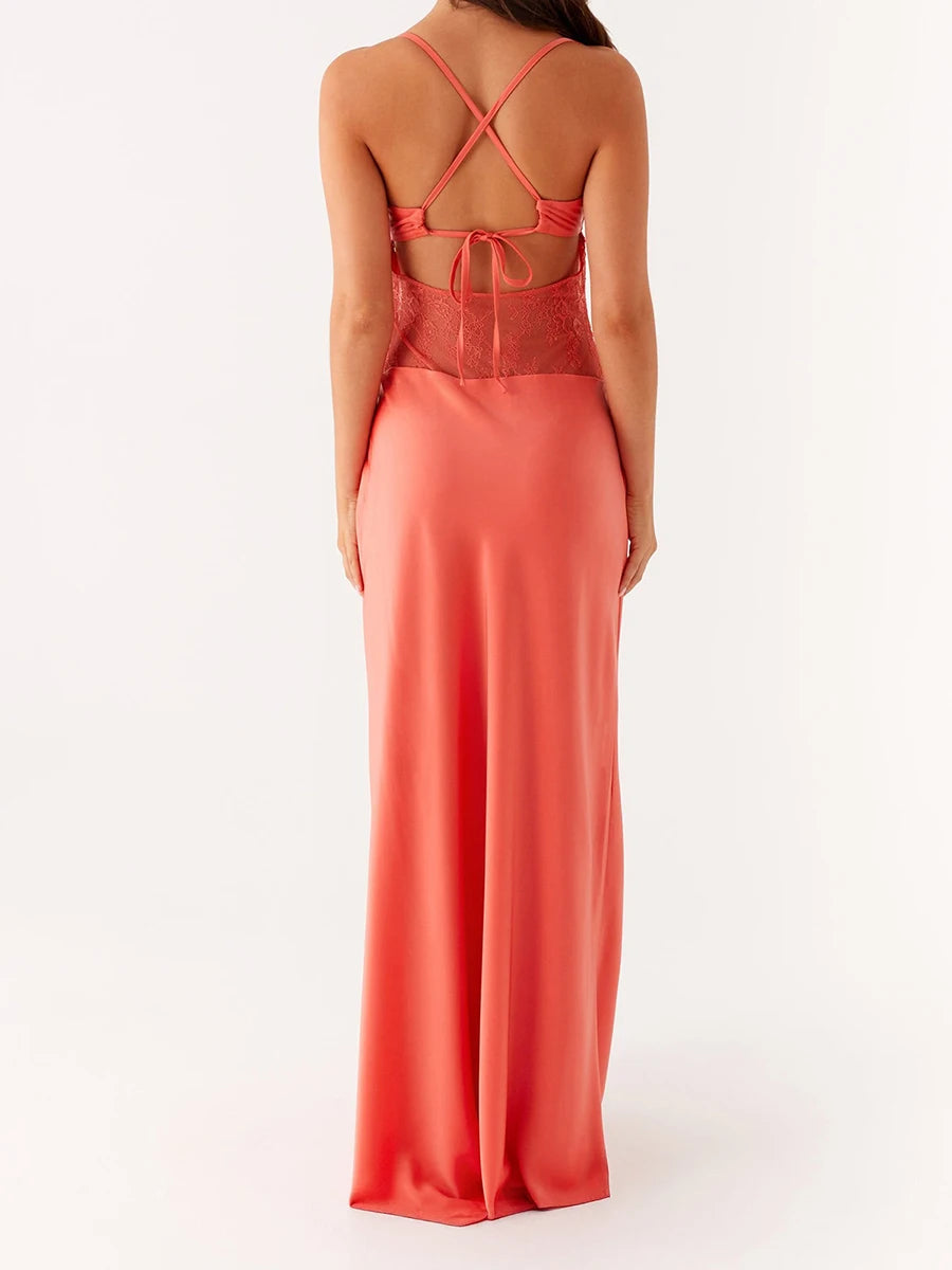 Elegant Floral Embroidered Maxi Dress with  Adjustable Spaghetti Straps