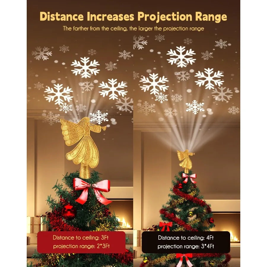 Christmas Angel Tree Topper with Builtin LED Snowflake Projector Lights Hollowed Pentagram Tree Top with Gold Spangles Plated