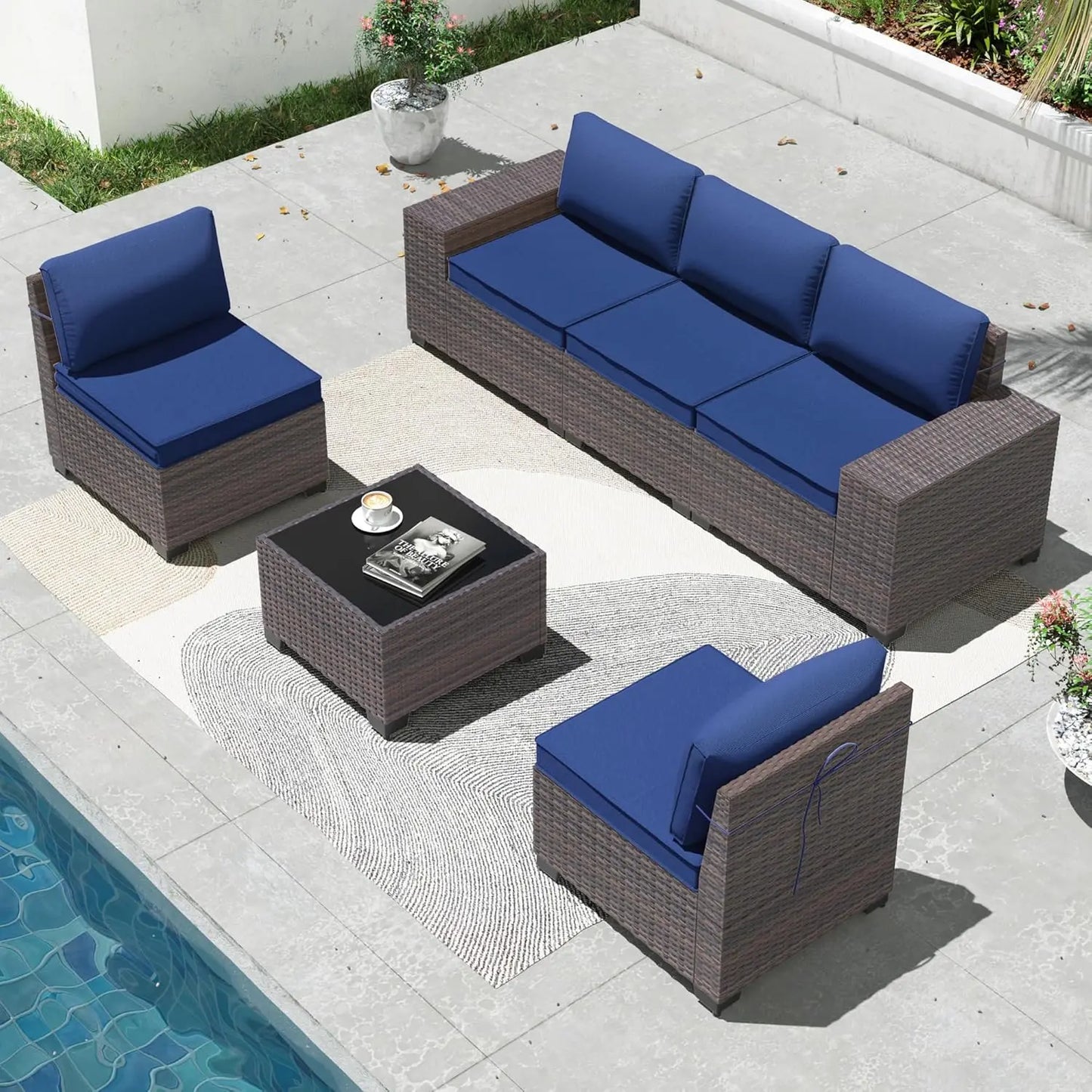 6 Pieces Patio Furniture Sets with Glass Tea Table,PE Rattan Wicker Patio Conversation Set with Washable, Customized