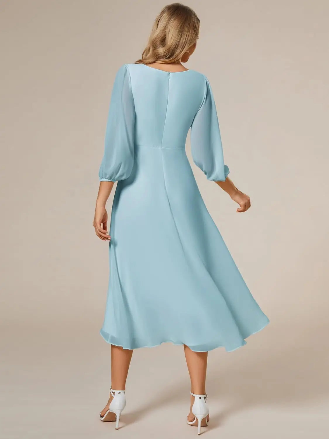 Ever-Pretty Women's Chiffon V Neck Long Sleeves Pleated A-Line Midi Length Wedding Guest Dress