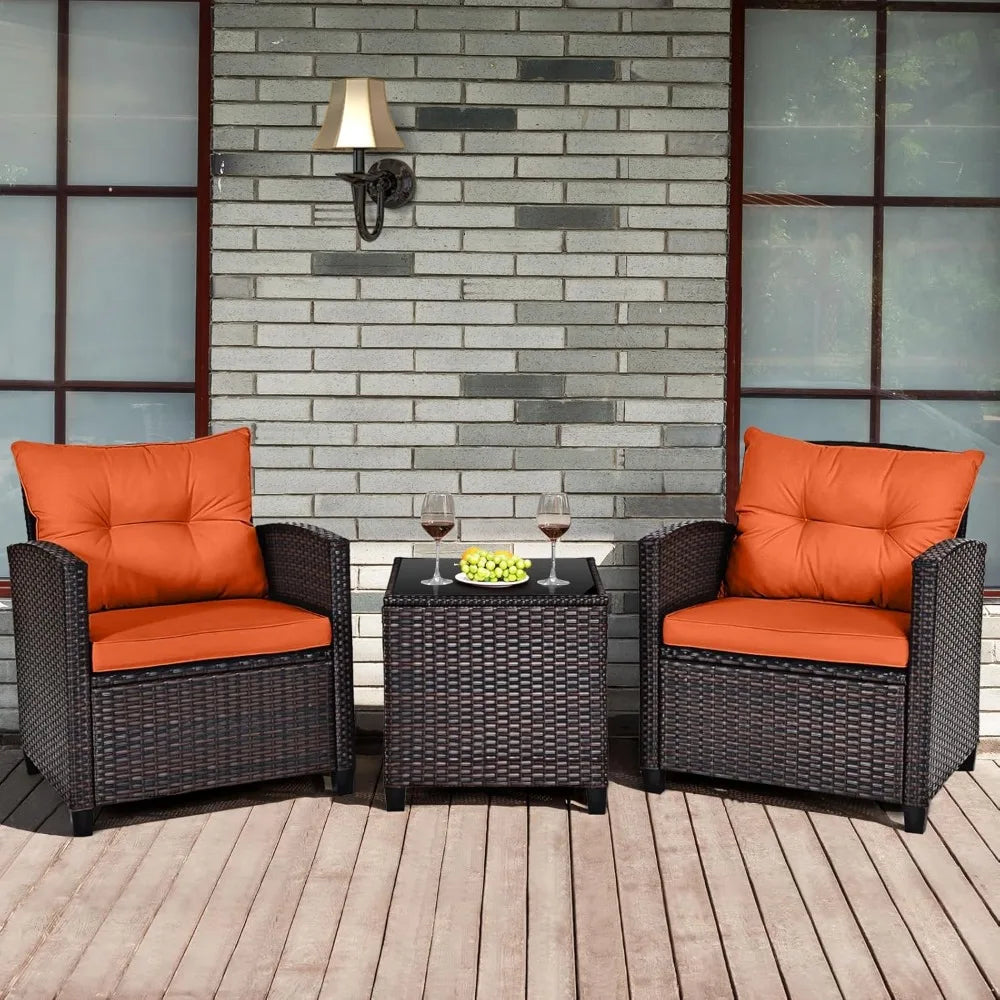 3 Pieces Patio Furniture Set Outdoor Furniture Rattan Wicker Chairs and Table Set, Washable Cushions Tempered Glass Coffee Table