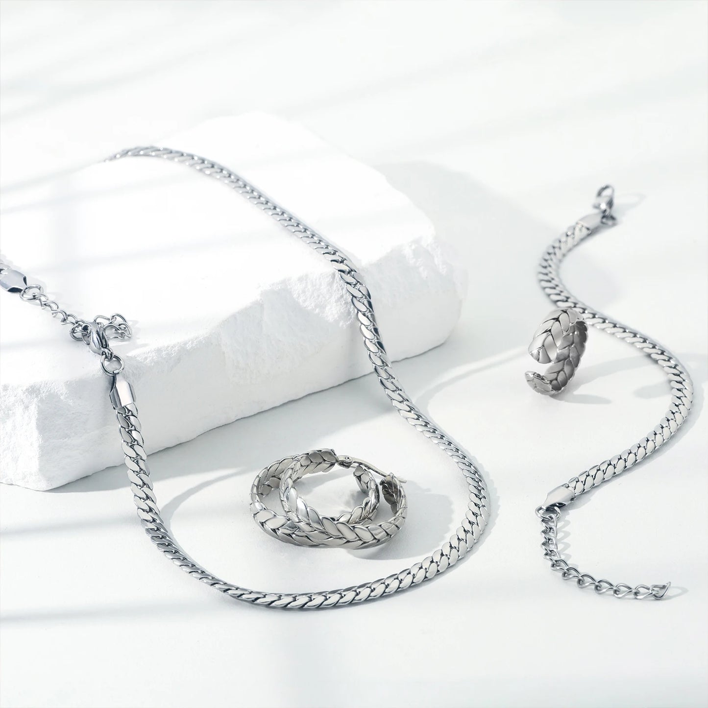 925 Sterling Silver - Gold plated - Serpentine Jewellery Set of 4 (Ring, Necklace, Earrings, Bracelet) -