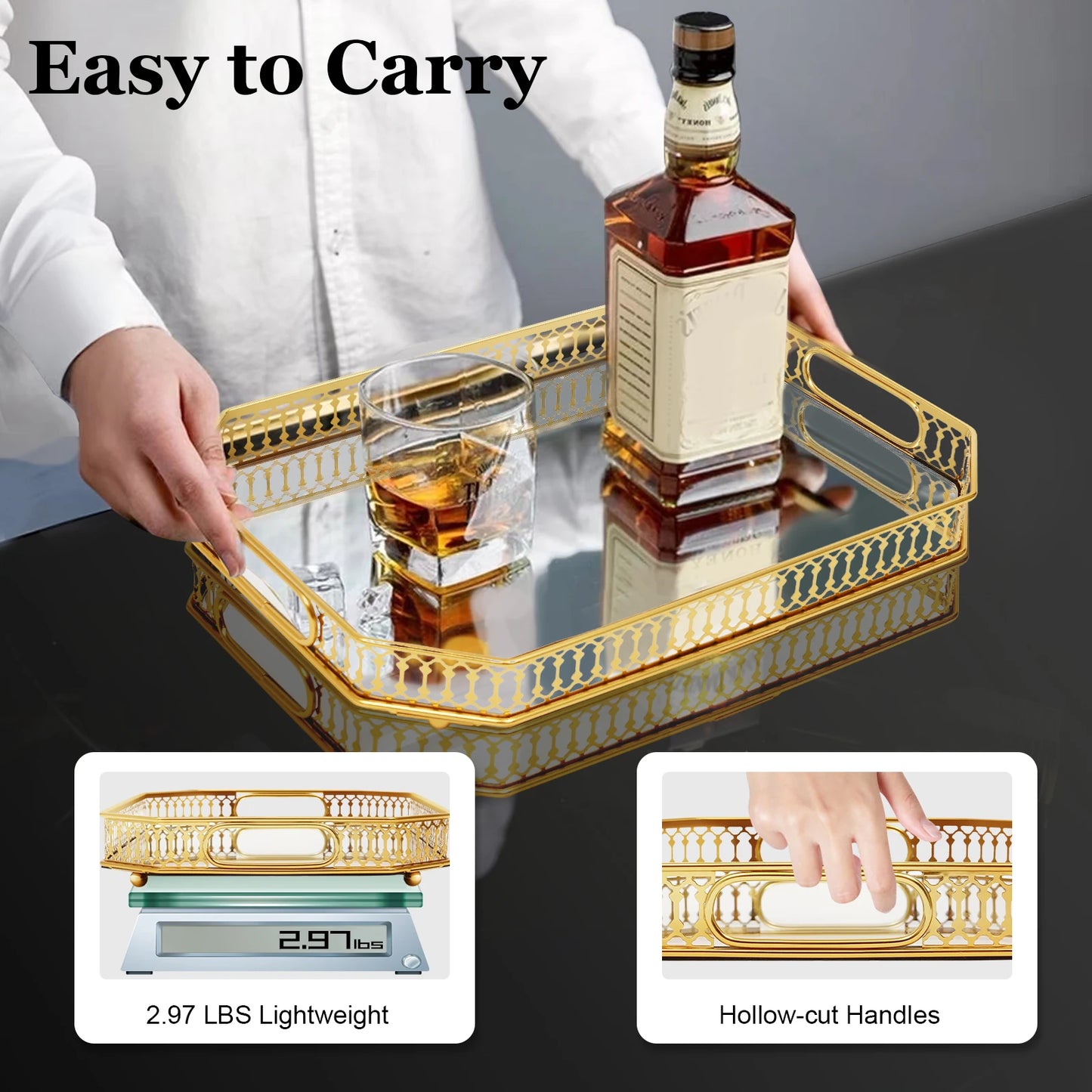 Gold Decorative Tray Rectangular Desktop Serving Vanity Tray Modern Iron Glass Electroplated Tabletop