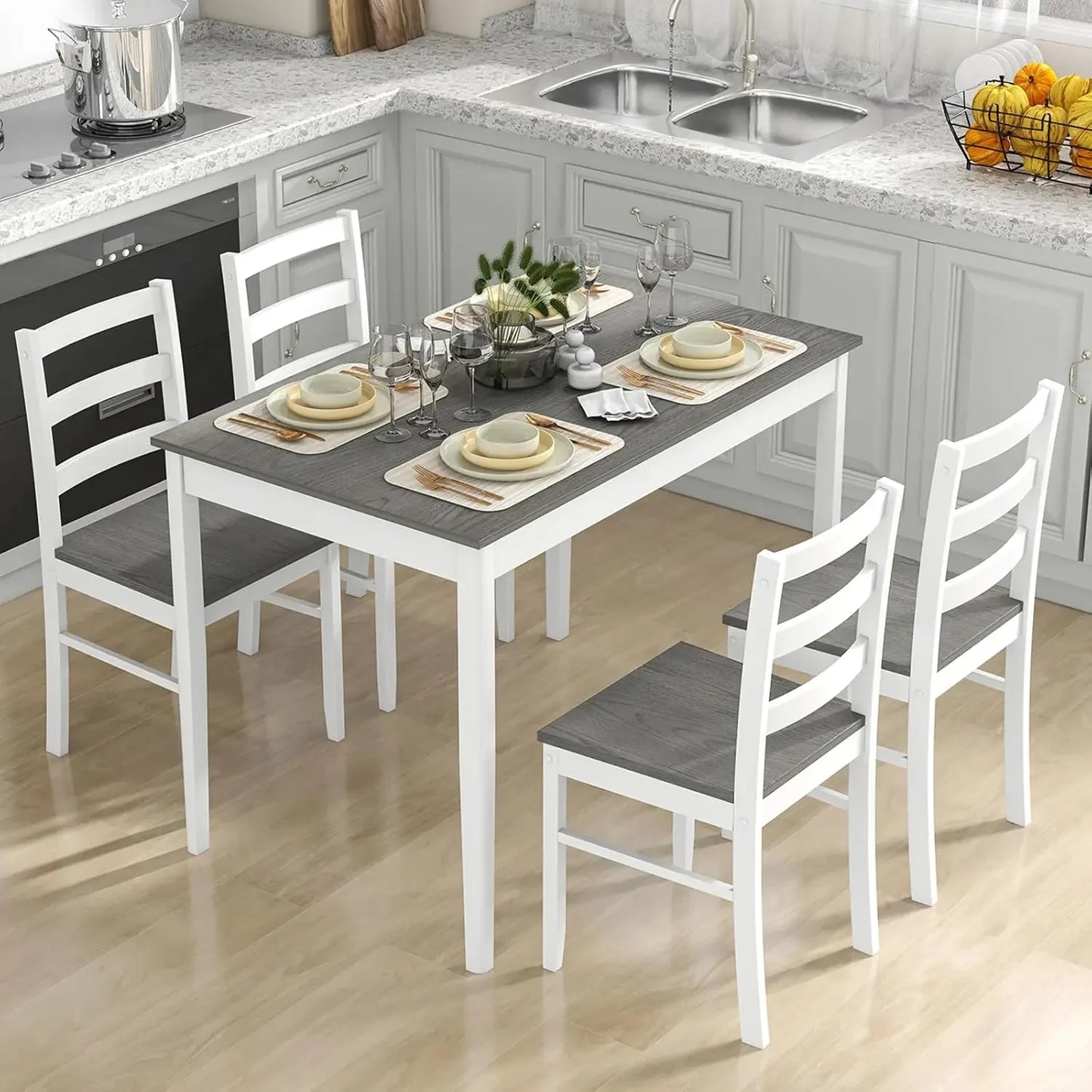 Dining Table Set for 4, Farmhouse Solid Wood