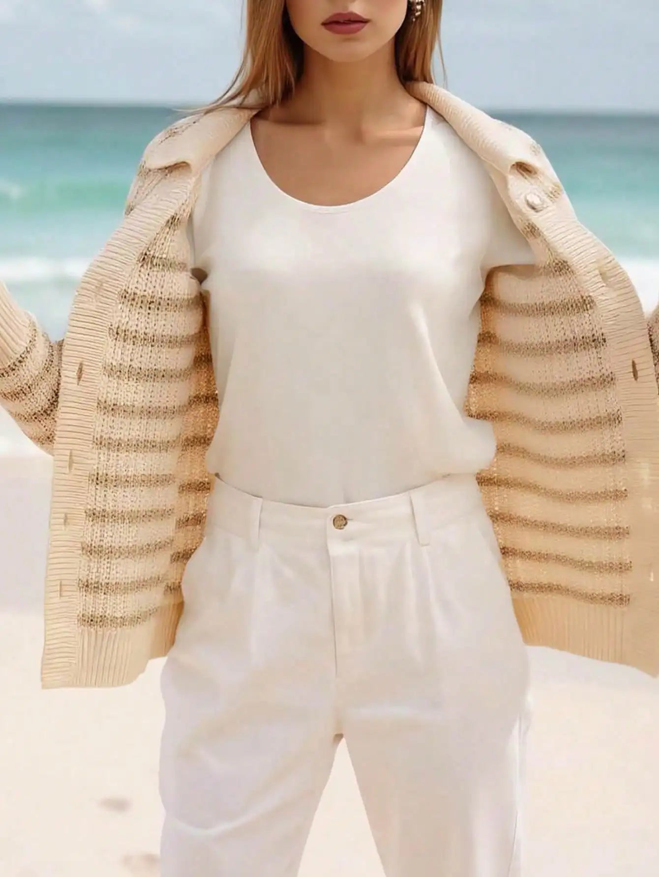 Polo Neck Knit Cardigan | Women's Open Front Long Sleeve Sweater | Button-Down Jacket Style Cover-Up