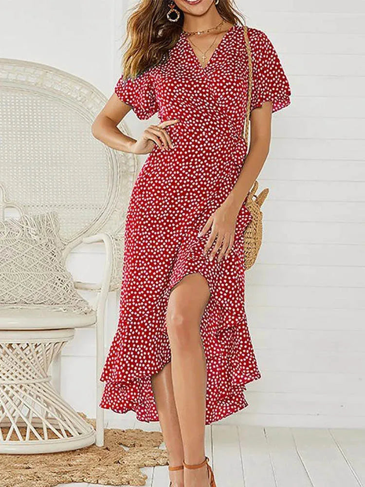 Maxi Dress Women Floral Print Boho Long Chiffon Dress Wrap Sexy Party Dress